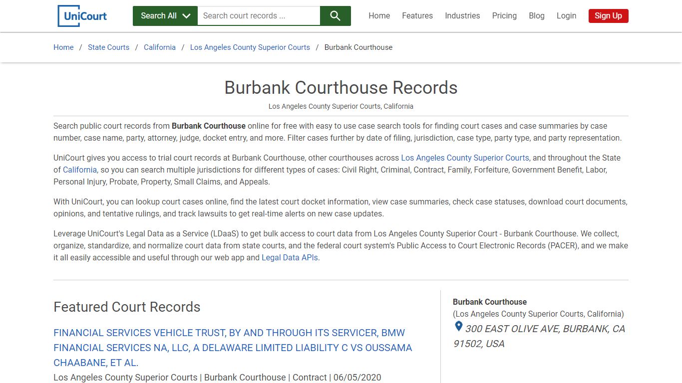 Burbank Courthouse Records | Los Angeles | UniCourt